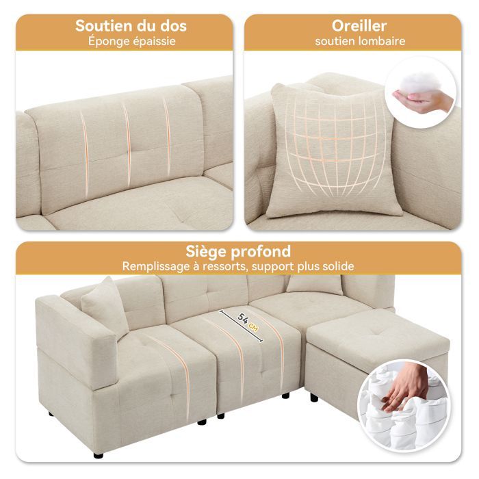 Sofá de canto de chenille com 3 lugares, compartimento de arrumação, pufe modular e 2 almofadas – Bege