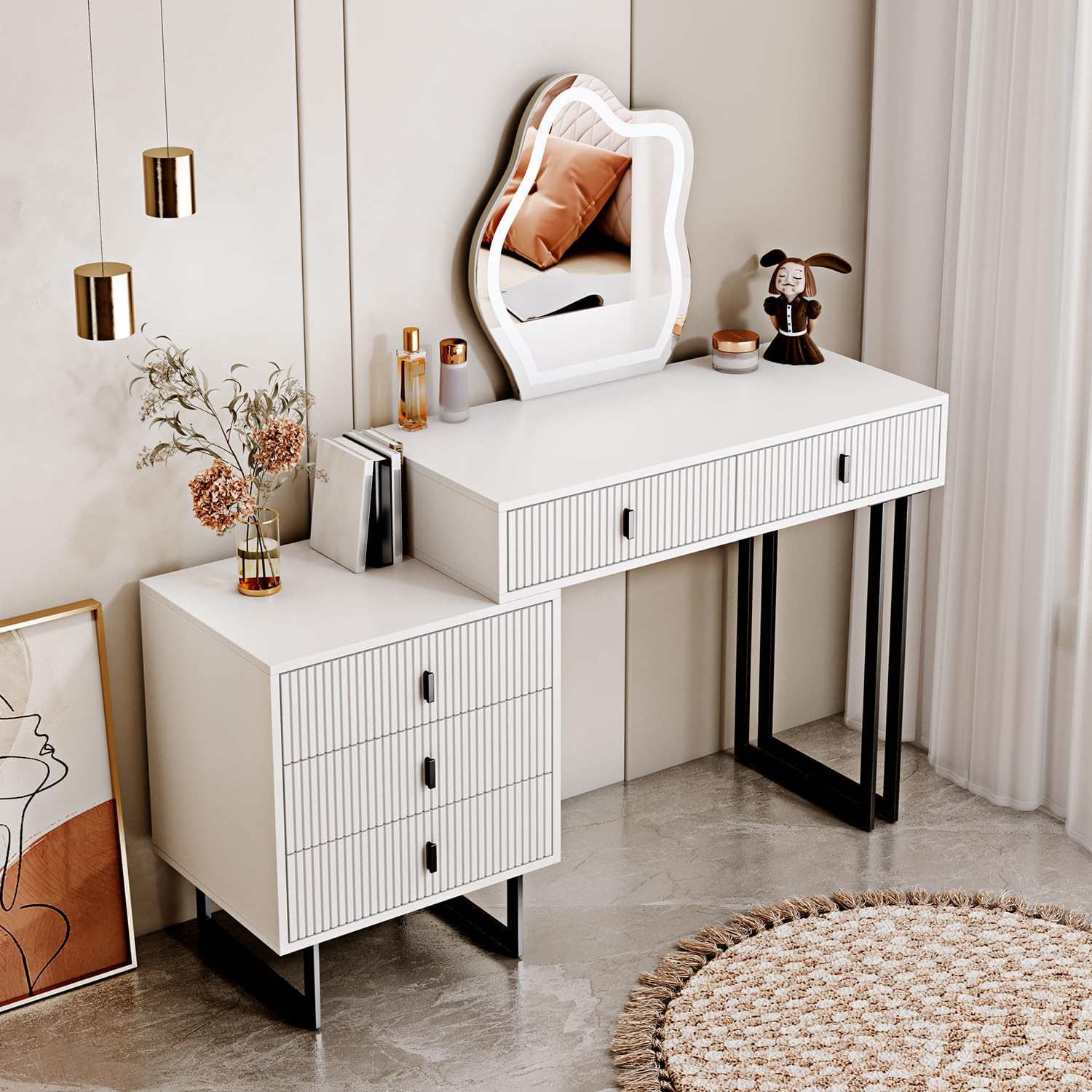 leejdn Dresser with 3 Color Touch Screen Dimming Mirror, Modern Makeup Dresser with Adjustable Cabinets and 4 Sliding Drawers, Powder Room, Bedroom Dresser Set