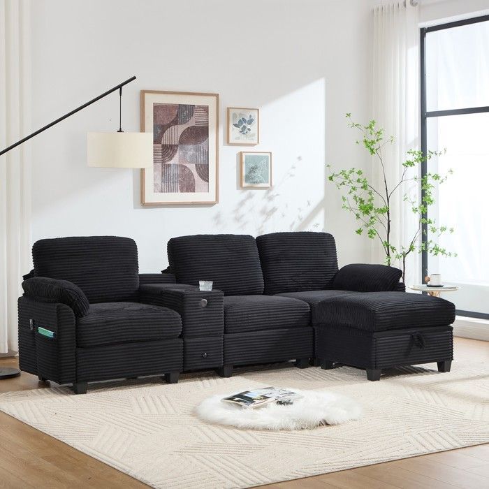 Sofá esquinero reversible de 3 plazas, sofá modular, sofá de 3 plazas con compartimento de almacenamiento y puerto USB-C, sofá de pana, negro.