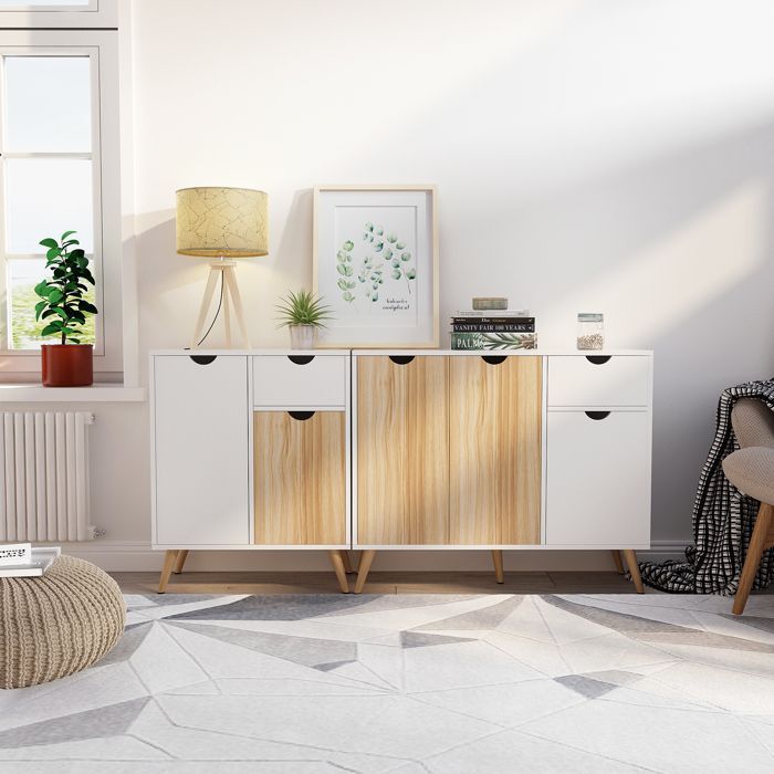 Aparador de cocina Mondeer, mueble bajo de almacenamiento con 1 cajón y 3 puertas, apto para comedor/dormitorio/sala de estar, 90x30x73 cm, roble y blanco.