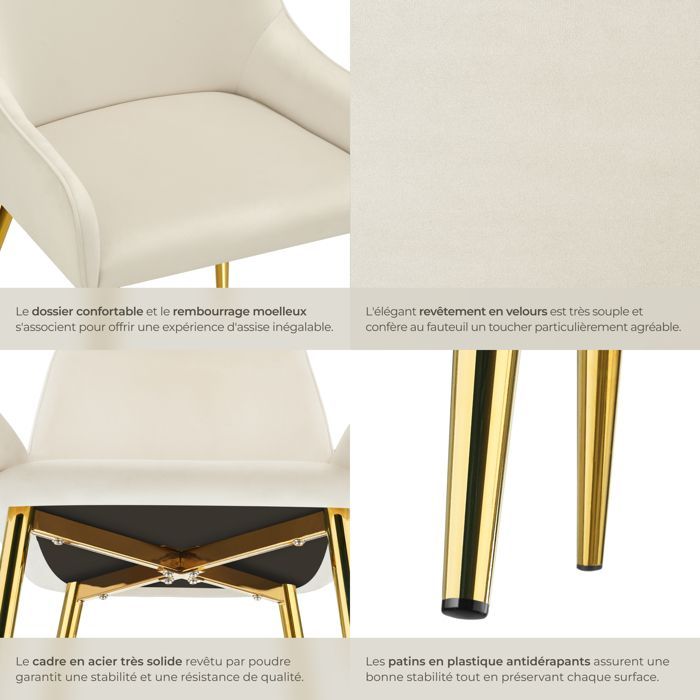 Chaises - TECTAKE - Lot de 4 chaises rembourrées style scandinave AVANE aspect velours forme ergonomique et dossier haut - Beige