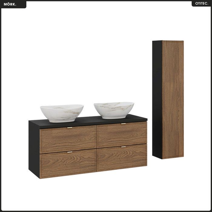 Conjunto de toucador OTITEC - 120 cm - 2 lavatórios - Armário alto incluído - Carvalho Casella - Preto mate - Madeira/MDF