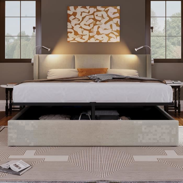 160 x 200 cm bed met opbergruimte, 160x200 opbergbed, tweepersoonsbed, volwassenenbed, met lattenbodem, met USB-oplaadpunt, met leeslampje, beddengoed, beige
