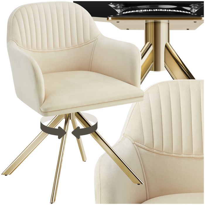 Chaise - TECTAKE - Fauteuil LONA pivotant à 360° avec rembourrage épais et dossier arrondi 56 x 59 x 81 cm - Crème/Or