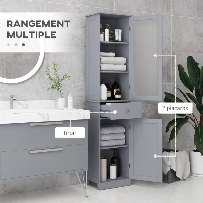 Meuble Colonne de Salle de Bain kleankin Placard Porte Acrylique 2 étagères Placard Porte 1 étagère tiroir MDF Gris