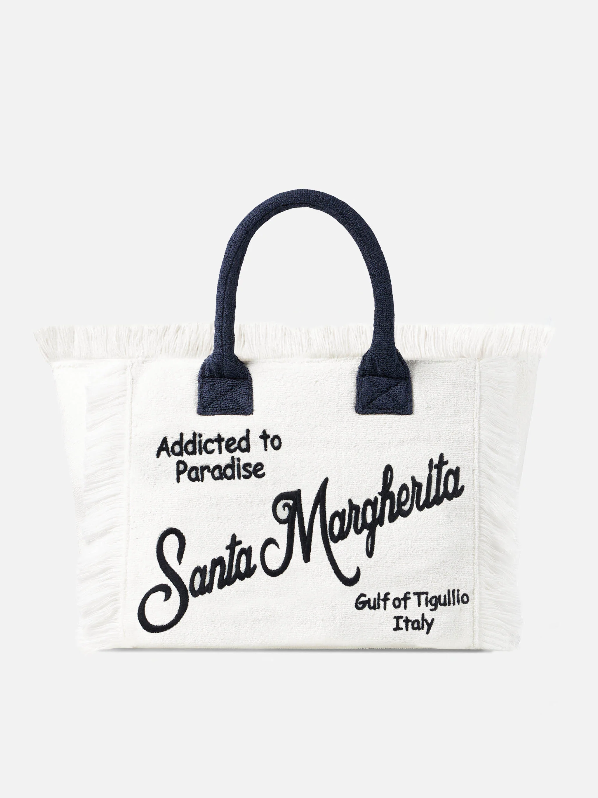 Schoudertas met make-up sponsje en Santa Margherita-borduurwerk.