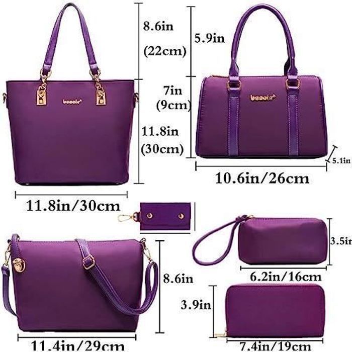Conjunto de 6 peças de bolsas femininas: Bolsa de mão em couro PU + Bolsa tote + Bolsa de ombro + Carteira, Roxo