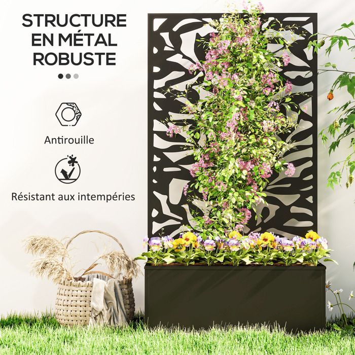 Macetero Outsunny con celosía como panel de privacidad, rectangular, de metal, 61 x 23 x 113 cm, negro.
