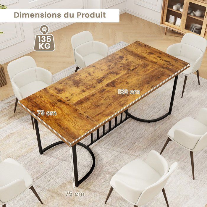 COSTWAY Grande Table à Manger en Bois de 180 cm pour 6 à 8 Personnes, Rectangulaire Style Industriel Capacité 135 Kg pour Cuisine