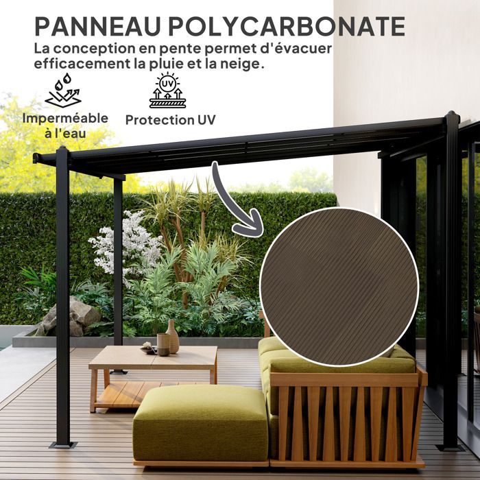 Pérgola de jardín exterior - Outsunny - 3 x 3 m, aluminio - techo de policarbonato impermeable y sistema de drenaje - gris