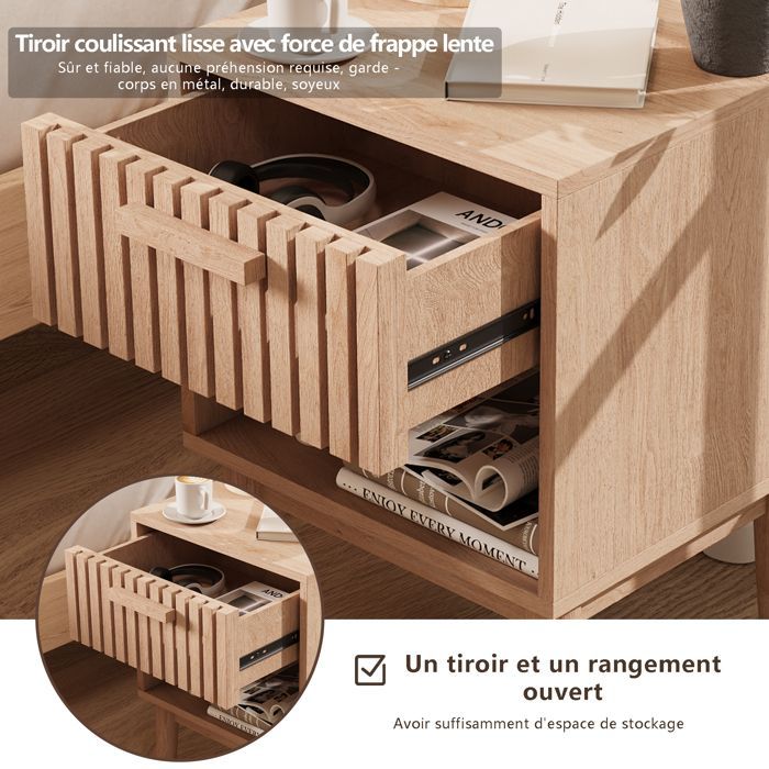 Lot de 2 Tables de Chevet,Table de Chevet avec Tiroirs,Meuble de Chevet,Chevet de Lit avec Pieds de table en bois,Couleur du bois