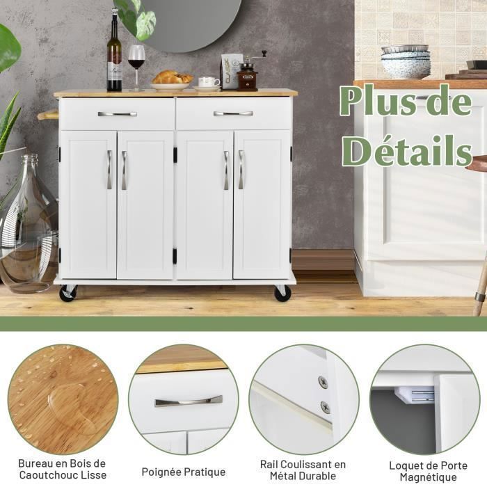 Carrito de cocina con ruedas COSTWAY - 2 cajones, 2 armarios de doble puerta, estantes ajustables - Carrito para isla de cocina -