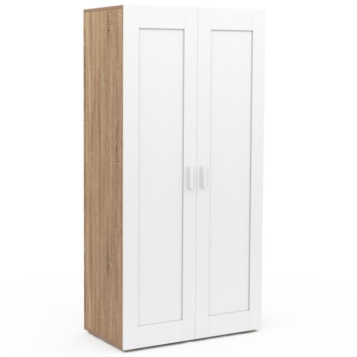 Guarda-roupa IDMARKET VITO de 2 portas, branco e madeira, com 80 cm de espaço para pendurar roupas e prateleiras, capacidade máxima de armazenamento.