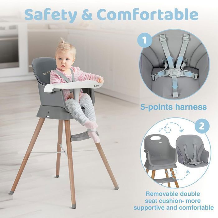 Chaise haute rehausseur, tabouret de bar, chaise haute multifonctionnelle 6 en 1, pieds en bois, à partir de 6 mois, gris