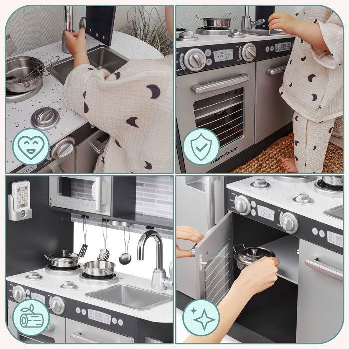 Cuisine pour enfants - MAMABRUM - Cuisine enfant en Bois LED - 93x30x83 cm - Éclairage LED - Ustensiles inclus