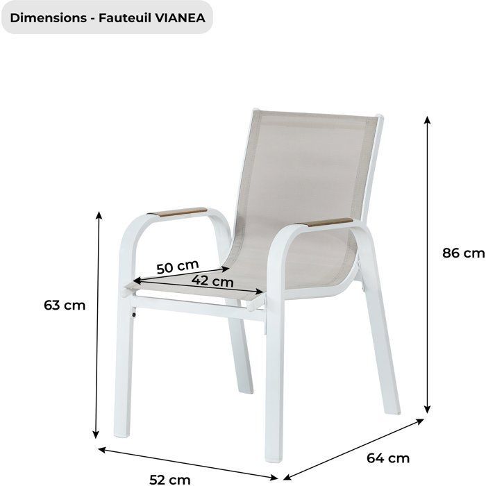 Juego de 4 sillas de jardín para comedor - VIANEA – Estructura de aluminio y textilene – Blanco y natural – 52 x 64 x 86 cm