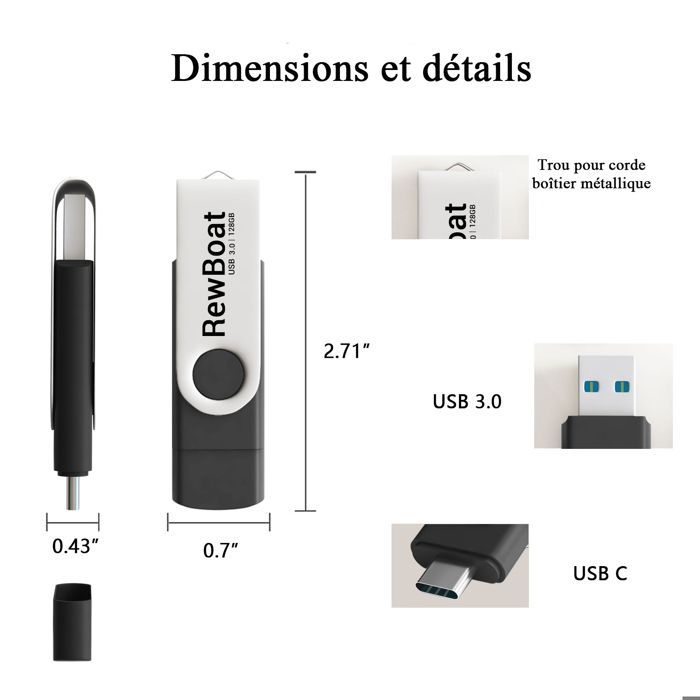 Clé USB 128 Go REWBOAT V3.0 - 2 en 1 + Type C - 130Mo/s Vitesse de Lecture Noir Lot de 2