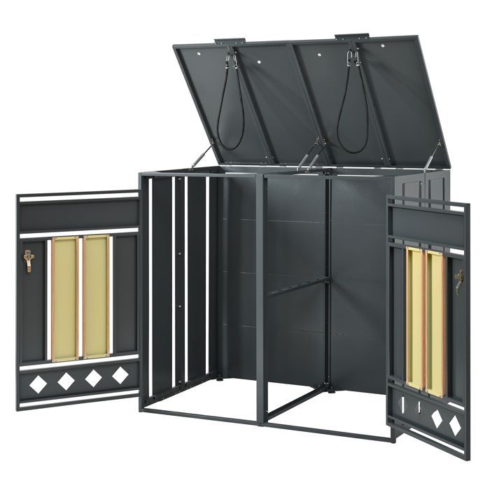 HOMVRA Abri pour Poubelle, Cache-Poubelles 2 Compartiments avec Couvercle Hydraulique, Portes Verrouillable, Acier, Gris et Bois