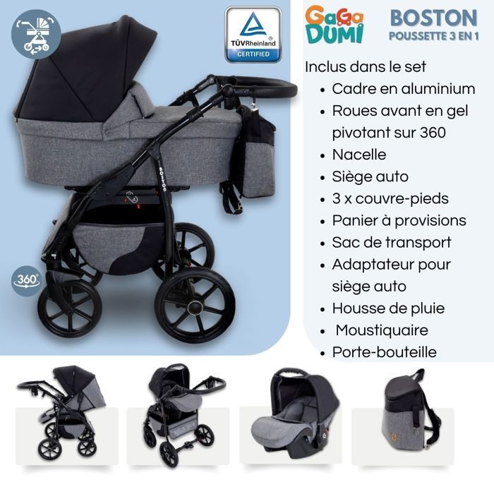 GagaDumi Boston combinée 3 en 1 poussette nacelle Siège-Auto avec tous les accessoires Landau (B1-Grey Jeans)