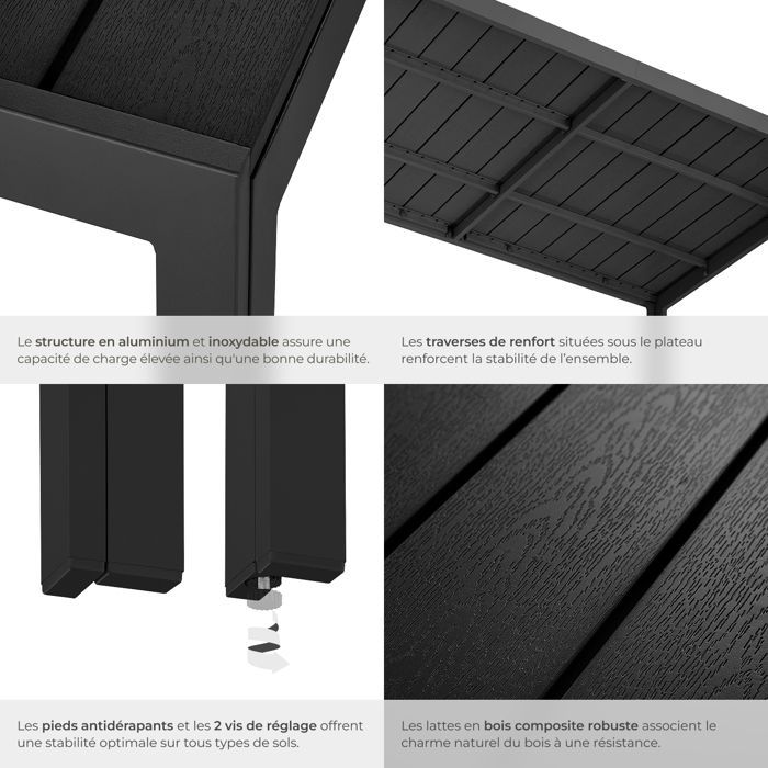 Table d'extérieur - TECTAKE - Table de jardin pieds réglables en hauteur BIANCA, aluminium, embouts plastique - 150 x 90 cm - Noir