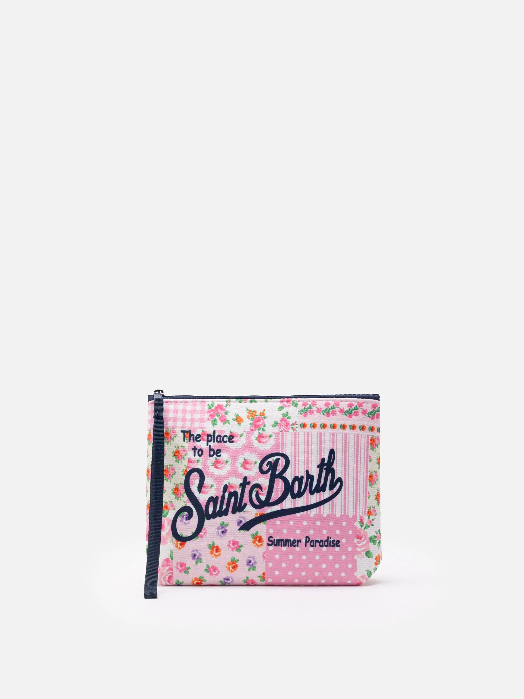 Aline scuba clutch met bloemenprint.
