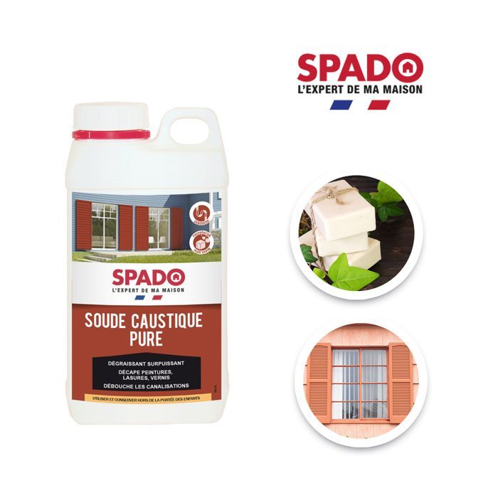 SPADO -Soude caustique pure -Décape -Débouche canalisation -Dégraissant surpuissant -Fabrication savon - 1kg -Fabriqué en France