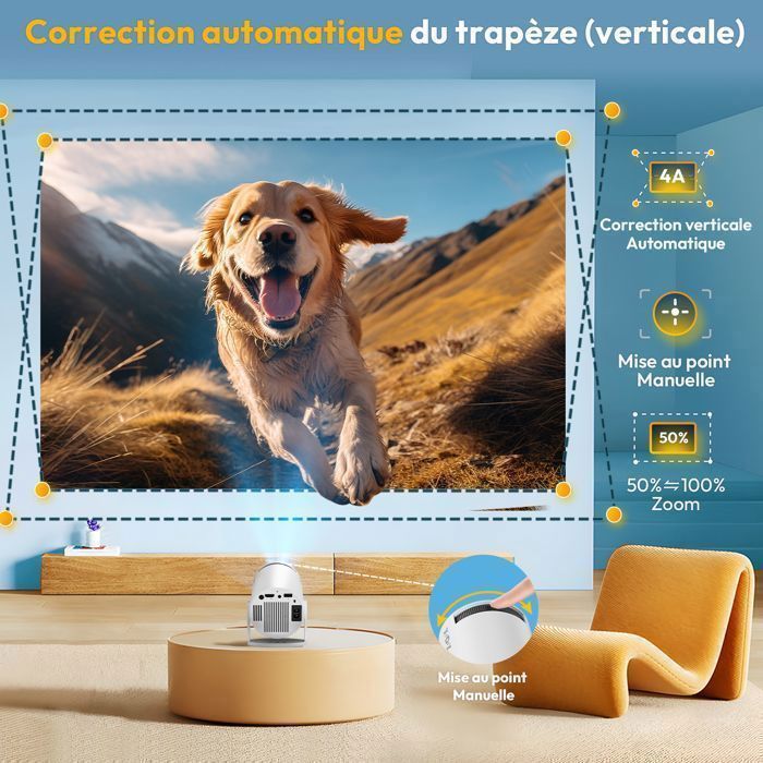 Mini Projetor de Vídeo, Compatível com 4K e 1080P, Android 14, Wi-Fi, Bluetooth 5, 12000 Lumens, Correção Automática de Keystone
