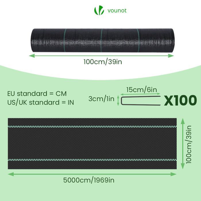 VOUNOT® Toile de paillage 50m x 1m 100g/m² avec 100 piquets de fixation - Bâche géotextile anti UV contre mauvaises herbes