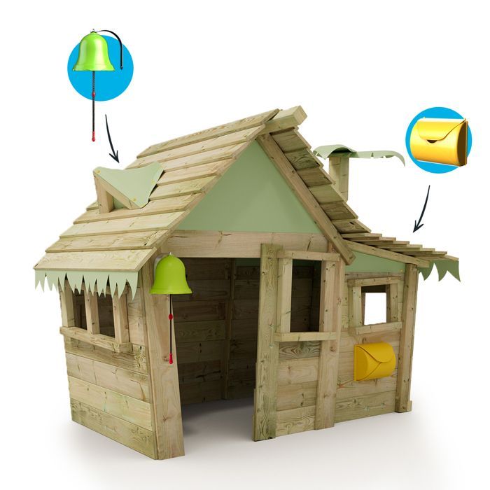 WICKEY Casita pastelblauw houten speelhuisje voor kinderen met houten dak en 4 ramen