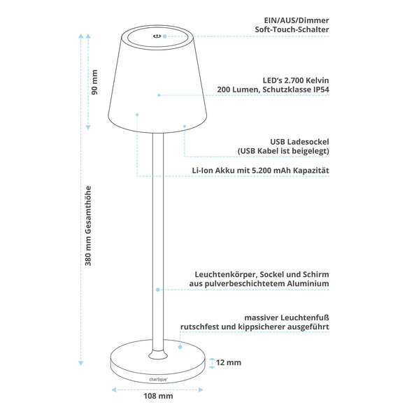 Επαναφορτιζόμενη επιτραπέζια λάμπα LED Dinner Light κλασική, λευκή