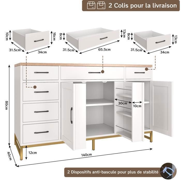 Buffet Cuisine Meuble de Rangement-140x40x80 CM-étagères réglables-Buffet Salon avec 4 Portes 6 Tiroirs-pour Salon,Salle à Manger