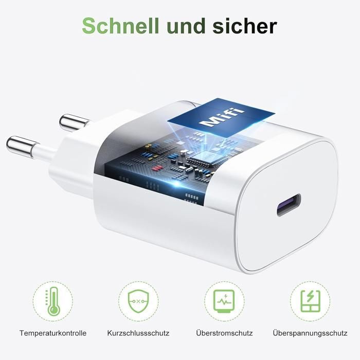 Chargeur Rapide 20W Blanc - Compatible iPhone 14/13/12/11/X - cable USB-C vers Lightning - compatible iPad