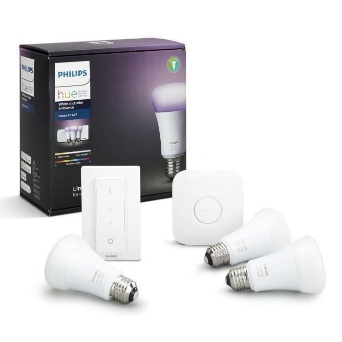 Kit de inicio PHILIPS HUE con 3 bombillas E27 blancas y de color, puente y mando a distancia Hue.