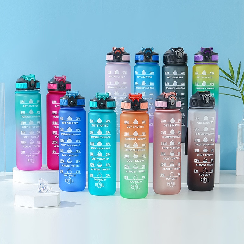 Botella de agua de 1 litro con pajita, vaso de plástico esmerilado con marcador de tiempo para niñas, estilo Kawaii, portátil, para viajes, actividades al aire libre, deportes y fitness.