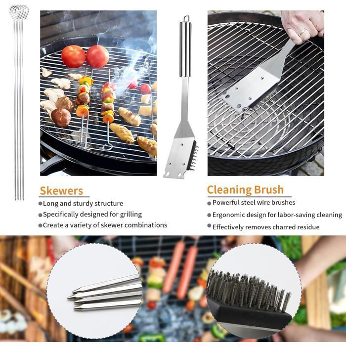 Juego profesional de 11 piezas de acero inoxidable para accesorios de barbacoa - Utensilios para barbacoa con bolsa portátil - Juego de herramientas para barbacoa