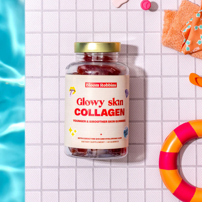 Bloom Robbins Glowy Skin COLLAGEN YOUNGER & SMOOTHER SKIN POWDER suplemento alimentar para uma pele radiante.