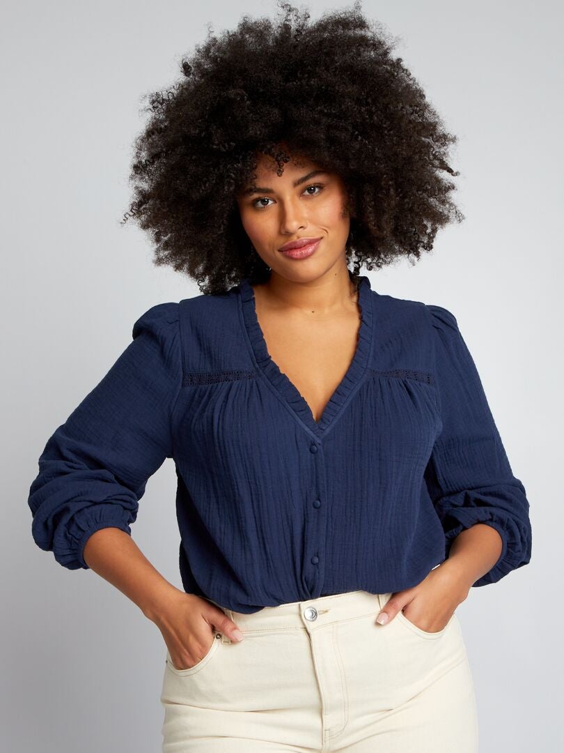 Blouse van katoenen gaas met rucheskraag - ZWART