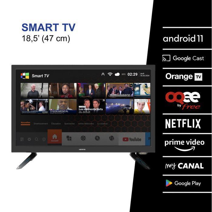 HEMING Smart TV 18,5'' 47 cm Android Connecté WIFI + Bluetooth - 12V/24V/220V - Camping Car Bateau Poids Lourd Cuisine