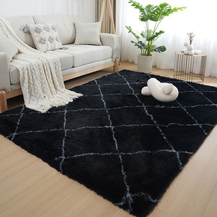 Tapis Salon Shaggy 120 x 160cm Descente de lit Chambre Grande Taille Tapis Moelleux Noir Style Moderne pour Salon Chambre Canapé
