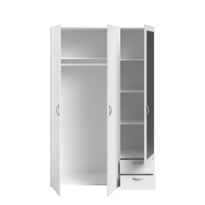 VARIA Wardrobe - White Finish - 3 Hinged Doors + Mirror + 2 Drawers - W 120 x H 185 x D 51 cm - PARISOT