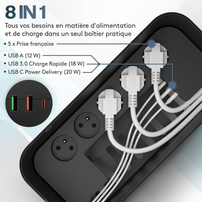 ACROPAQ Cable management box compatible with France - power strip cover with integrated power strip - USB-A and USB-C - Cable storage - 2500W