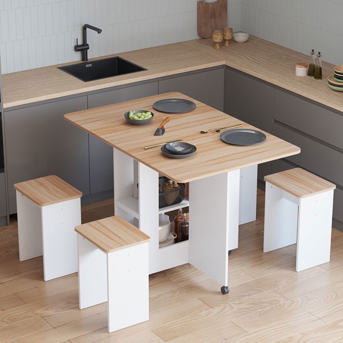 Conjunto de comedor Mondeer con 4 sillas, mesa de cocina plegable con estantes, mesa y silla, 120x80x80 cm, roble y blanco.