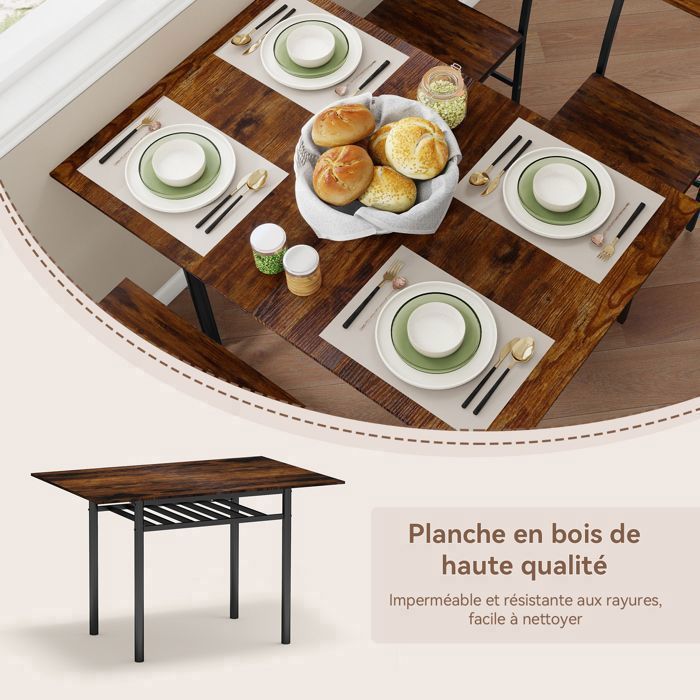 Juego de comedor con mesa, 2 sillas y banco, juego de comedor de 4 piezas, mesa de comedor extensible, marrón.
