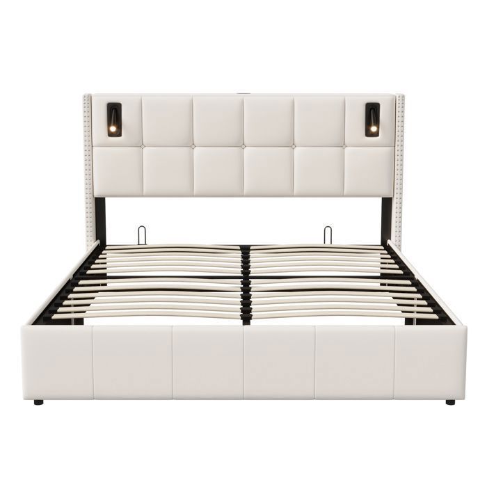 Letto 140x190 cm - DRELYGWEA - Velluto beige - Rete a doghe - Contenitore integrato - Design moderno