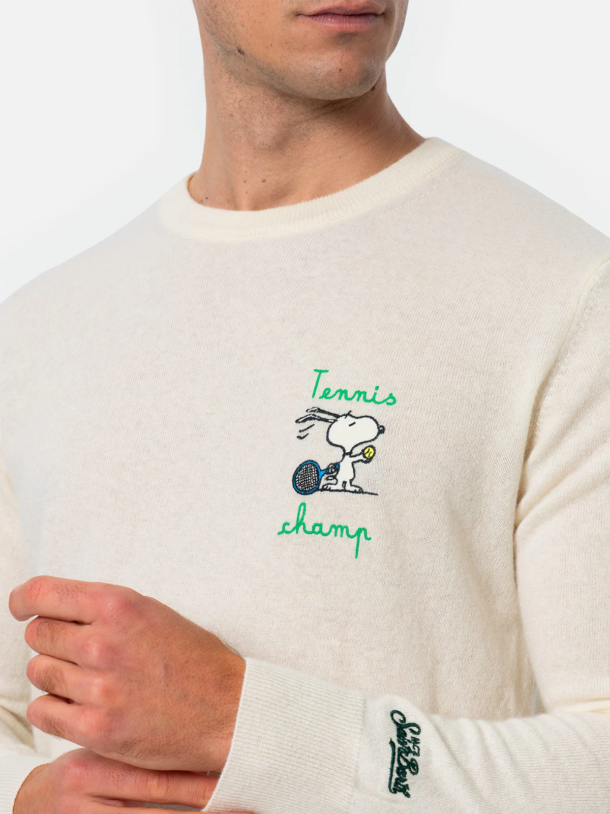 Heron herentrui met ronde hals, wit | Geborduurd Snoopy Tennis Champ | SNOOPY PEANUTS SPECIALE EDITIE | Logo op de manchet | Normale pasvorm | MC2 Saint Barth