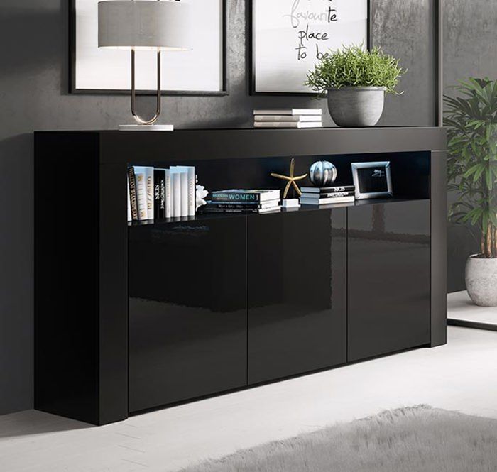 Aparador bajo AKER - Negro brillante - 3 puertas - Iluminación LED - Almacenamiento