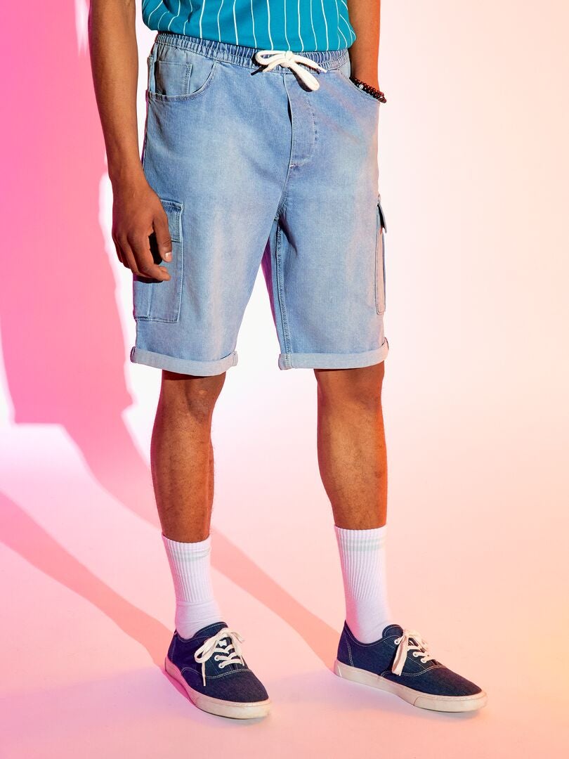 Denim bermudashorts met cargozakken - Blauw