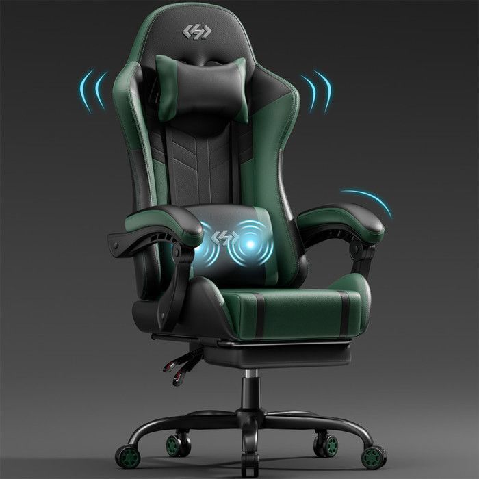 ECOFURNIX Fauteuil de Bureau Massant, Fauteuil Gaming Réglable avec Coussin de Massage Lombaire et Repose-Pieds, Noir et Vert
