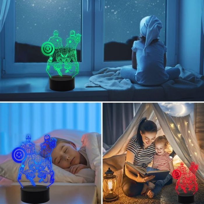 Veilleuse LED 3D enfants - PZCC - Spiderman - Iron Man - Captain America - Changement de couleur - USB ou piles AA