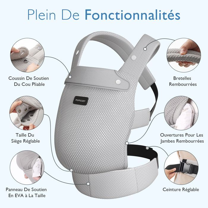 Momcozy hengittävä verkkokantoreppu, ergonominen kantoreppu, sopii vauvoille 3,2–20 kg, harmaa
